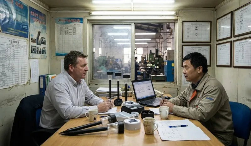 OEM buyer and engineer reviewing solar light samples
